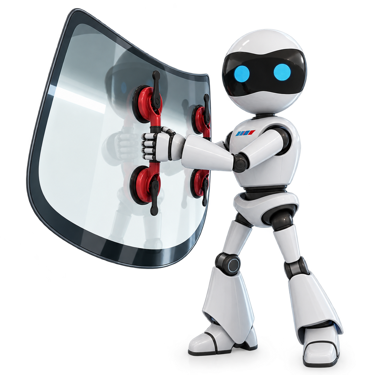 Mascotte robot Original Pare-Brise tenant un pare-brise dans un atelier automobile